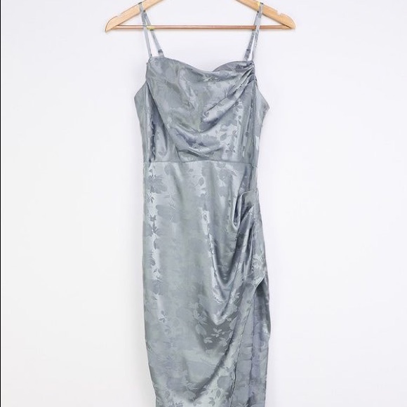 Lulus Dresses & Skirts - Lulu’s Simply Stunning Slate Blue Satin Floral Jacquard Midi Dress (size small)
